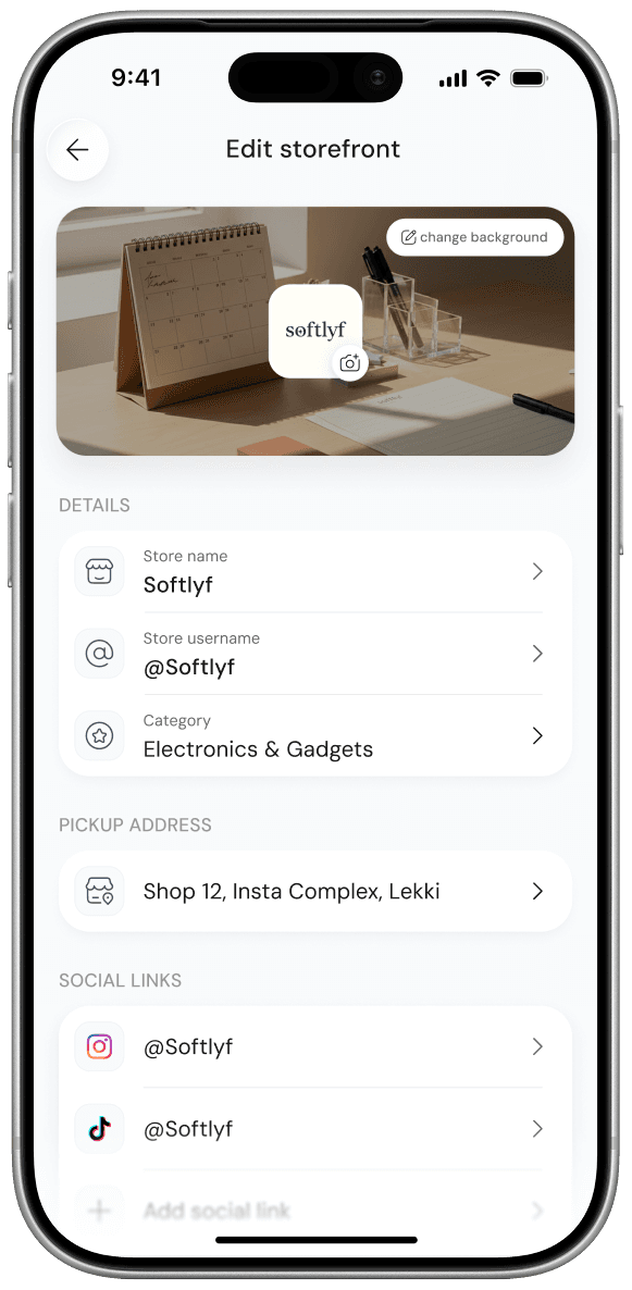myInstaShop edit-storefront screen with store details and background controls